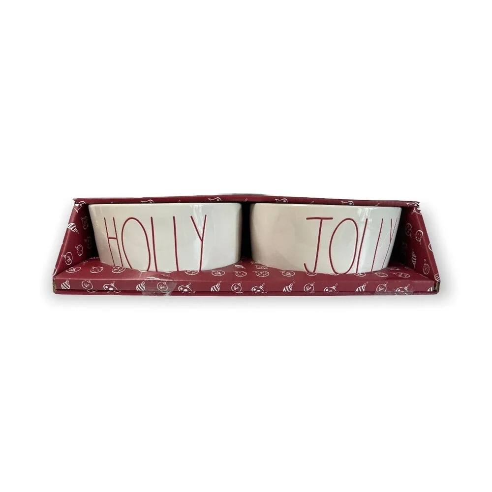 Rae Dunn Holiday Pet Bowls JOLLY & JOY Christmas Multipurpose HTF Red Lettering